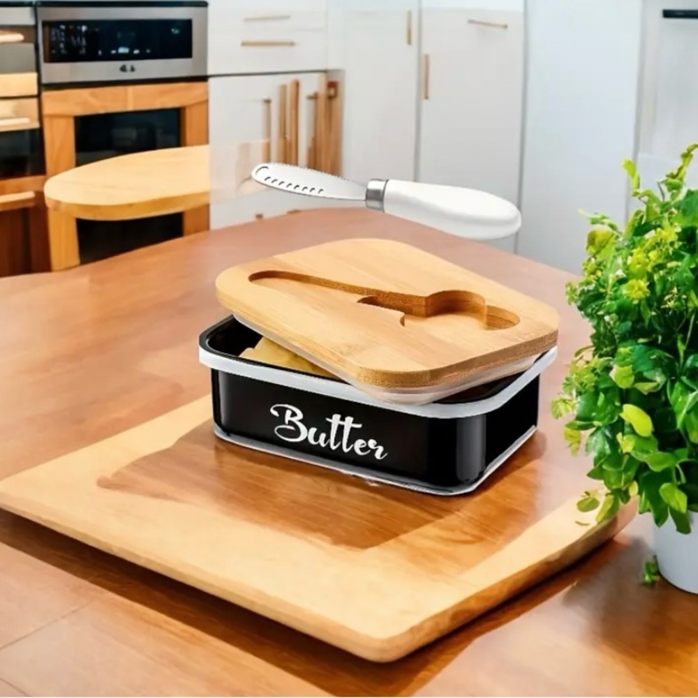 NWT BUTTER KEEPER WITH BUTTER KNIFE BLACK METAL WITH WHITE LETTERING WOODEN LID